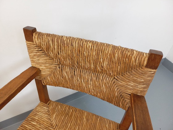Image 1 of Suite van 2 vintage Brutalistische fauteuils in eiken en stro uit de jaren 60