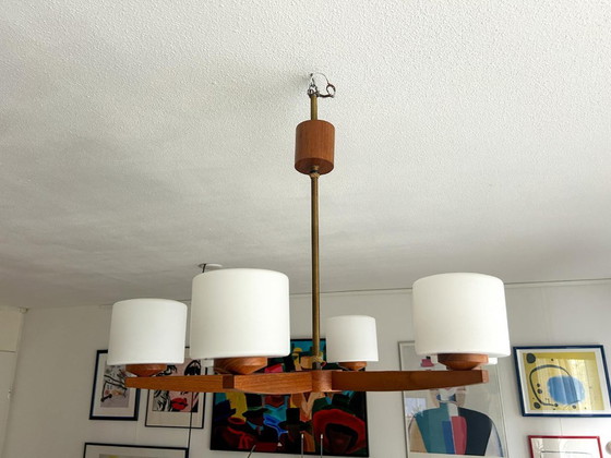 Vintage Mid Century Modern Teak Pendant Lamp Large Teak Frosted Glass – Wood (photo 10 of 14)