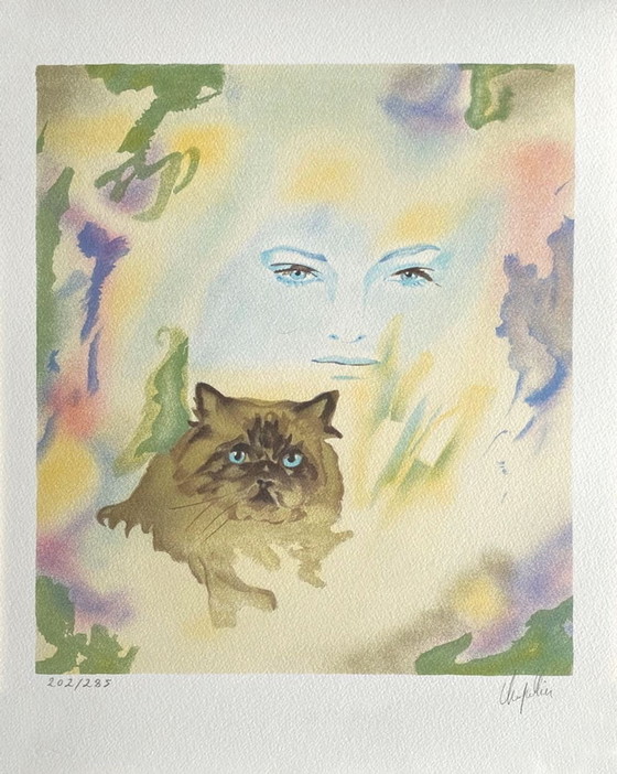 Image 1 of Cécile Chapellier, Young Woman with a Small Dog, Signed Lithograph, 1990