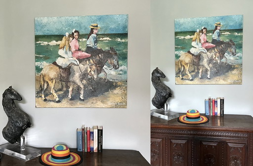 Renée de Vries : Acrylique sur lin, "Les ânes d'Isaac", 1,00 - 1,00 M, 2023