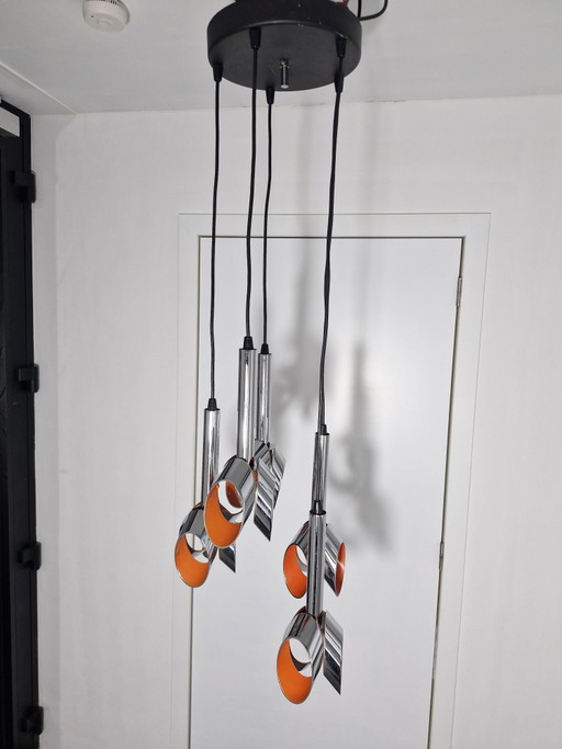 Massive Space Age cascadehanglamp – chroom en oranje – 5 lichtpunten
