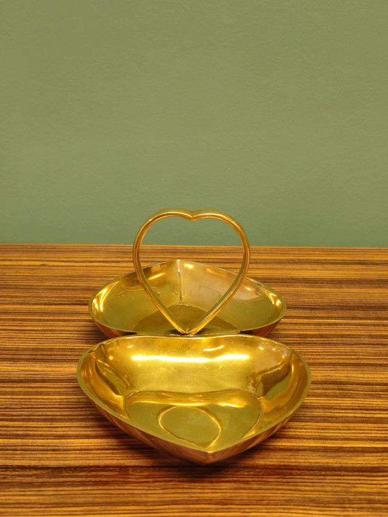 Image 1 of Plateau à bijoux vintage en laiton avec bol en forme de coeur