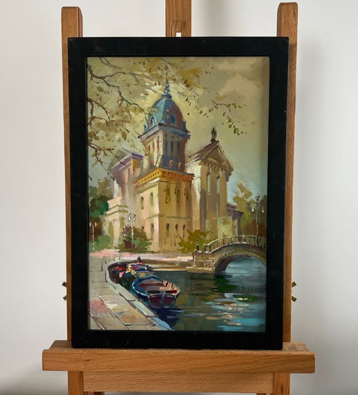 Origineel olieverfschilderij: Stadsgezicht 's avonds. De rivier en het hart van de stad.