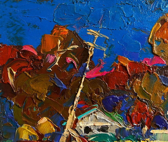 Image 1 of Original Oil Painting Evening Houses Landscape Autumn has come to the village