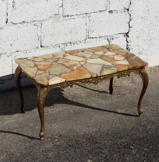 French Vintage Onyx Marble and Brass Coffee Table -Marble Cocktail Table-Lounge Table-Baroque Style-60s