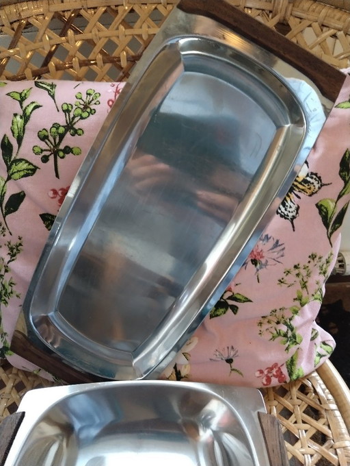 2 vintage, Inox serving trays Danish design – tafelaccessoires, Wood
