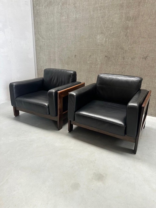 Fauteuils Knoll Bastiano en cuir noir et noyer Afra & Tobia – Wood, Leather