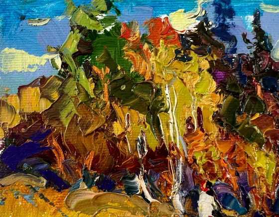 Image 1 of Original Oil Painting Autumn Coastal Landscape Over the River