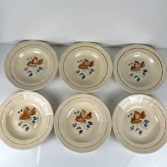 Set van 6 Sarreguemines soepborden met bloemmotief, eerste helft van de 20e eeuw. – Servies, Ceramic, Vintage (photo 4 of 14)
