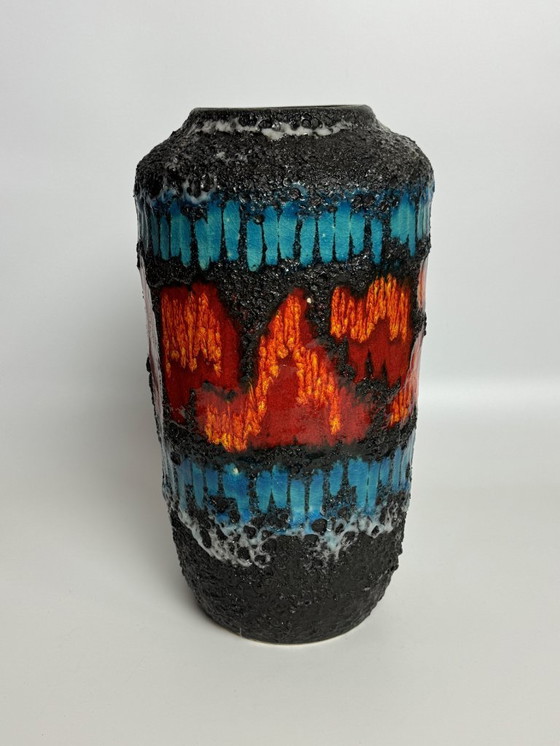 Image 1 of Large Ceramic Black Fat Lava Vase with Brilliant Azur Blue and Orange Enamel Accents, West Germany 1970s.