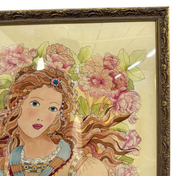 Seidengemälde im Jugendstil einer Frau mit Blumen, Gemälde & Zeichnungen, Papier, Holz, Mehrfarbig (Foto 4 von 13)