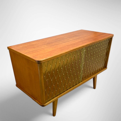 Vintage teak veneer cabinet with glass doors from Sweden