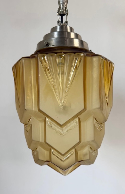 Impresionante lámpara colgante antigua de cristal amarillo dorado estilo rascacielos, década de 1930.