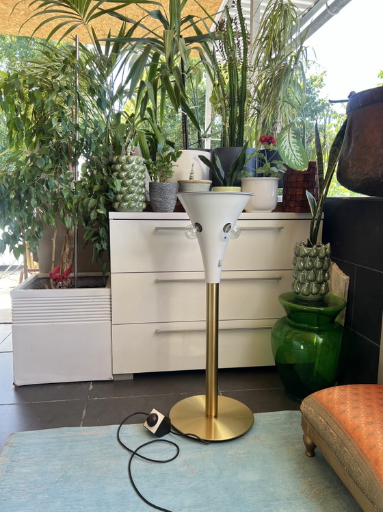 Iconic vintage designer floor lamp: Staff Leuchten “Tulipan” in brushed brass (1970s) – Dimmable & (photo 11 of 12)