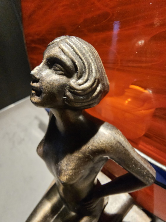 Image 1 of Art Deco lamp MCM 1960, probably bronze with Tiffany style glass shade.