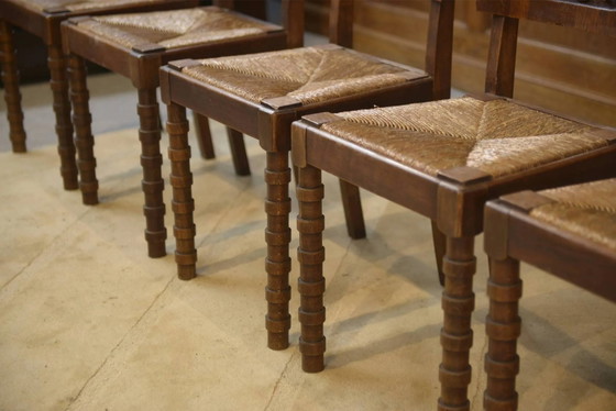 Set of 6 Charles Dudouyt chairs in oak from the 1950s., Dining chairs, Brown, Vintage (photo 7 of 13)