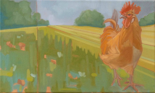 Huhn auf Sommerwiese, Öl auf Leinwand, 50x30 cm