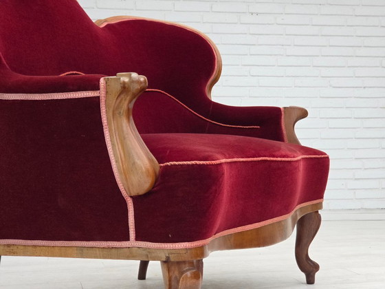 Image 1 of 1920-30s, Danish 2-seater sofa, furniture velour, ash wood, reupholstered.