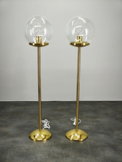 Pair of Space Age Bubble Glass and Brass Floor Lamps, 1970s