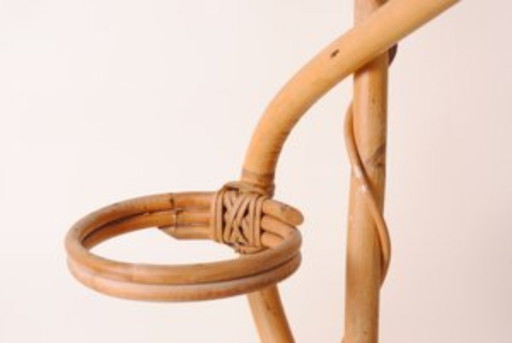 Handmade plant stand in varnished natural bamboo and rattan, 1950s