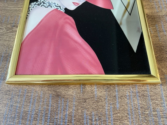 Pair of Hollywood Regency 'Glam Girl' mirror prints by Ferraro (80s), Glass art, Glass, Multi Color (photo 3 of 11)