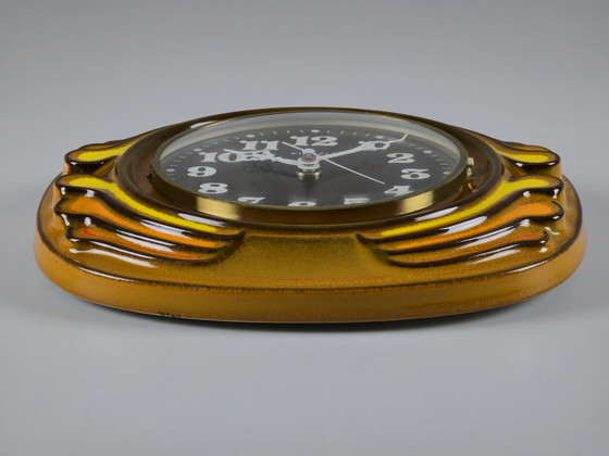 Image 1 of 1970s Vintage KIENZLE Fat-Lava Glazed Ceramic Wall Clock — West Germany Wave-Like Wall Clock.