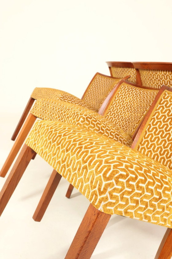 Image 1 of Eetkamerstoelen set van 6 art deco geometrische jacquard gouden honingraat