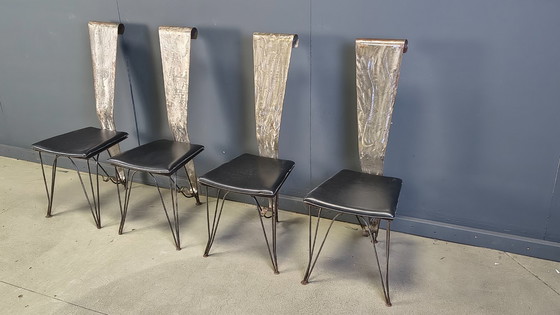 Image 1 of Handgemaakte eethoek van staal en steen, jaren 70 - vintage eethoek - handgemaakte eethoek - postmoderne eettafel en stoelen