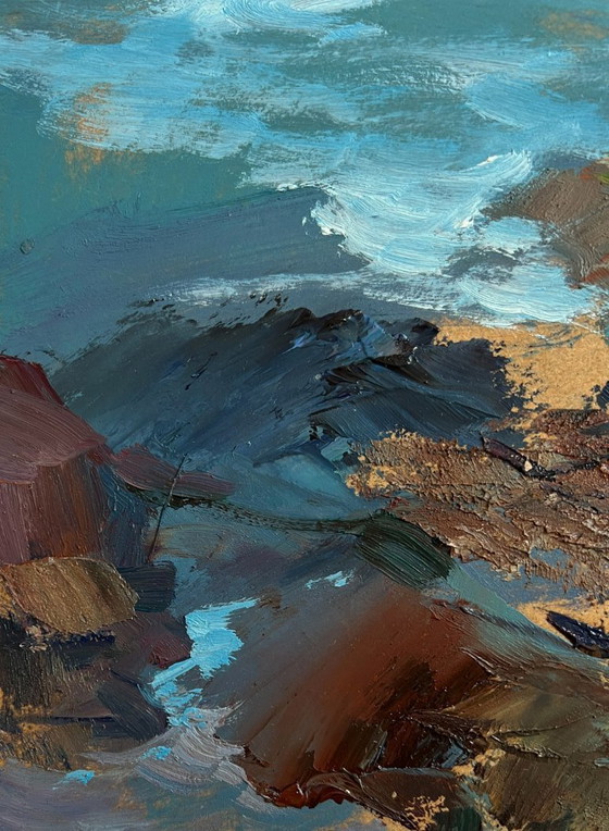 Image 1 of Origineel olieverfschilderij: een rotslandschap aan zee op een zonnige dag.