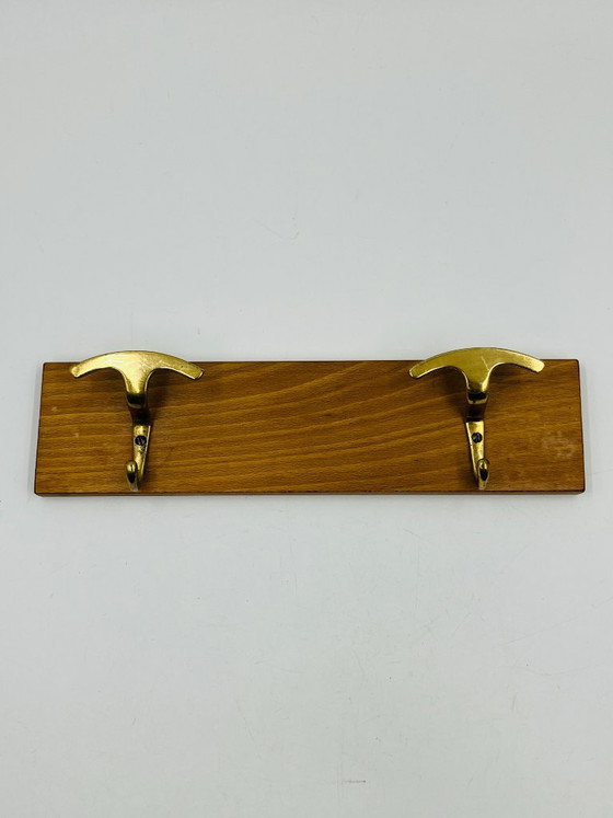 Image 1 of Vintage design wall-mounted coat rack in brass and wood