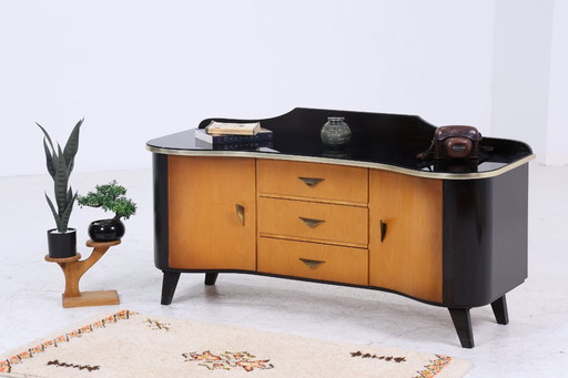 Vintage chest of drawers 60s | Mid - Century TV board with glass & compartments Retro wood storage #08-03