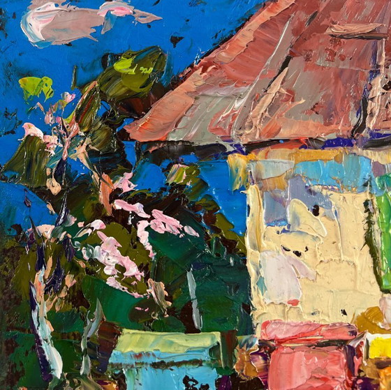 Image 1 of Original Oil Painting Village House Landscape Spring is coming to the yard