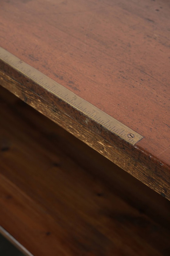Image 1 of Large antique English shop counter/fabric counter from the 19th century with a luxurious appearance and brass rulers in the top.