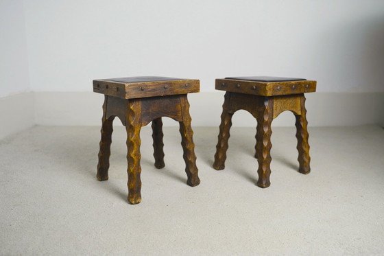 Image 1 of Rustic Oak Stools, 1940s French Hand-Carved Farmhouse Milking Stools, Fireplace Chalet Mountain Decor with Studded Leather Seats