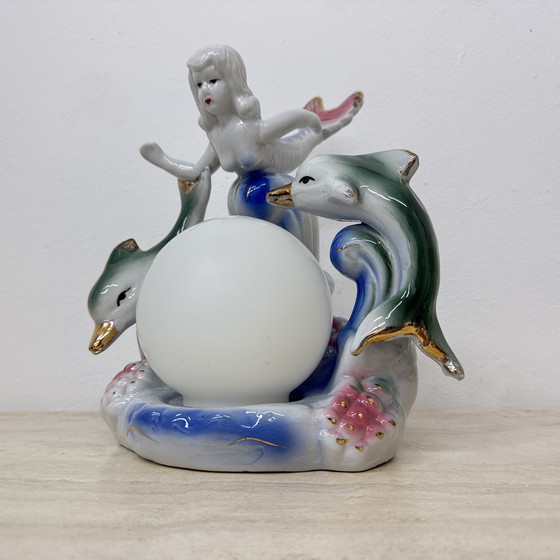Image 1 of Vintage keramieken tafellamp met zeemeermin en dolfijnen, jaren 1980