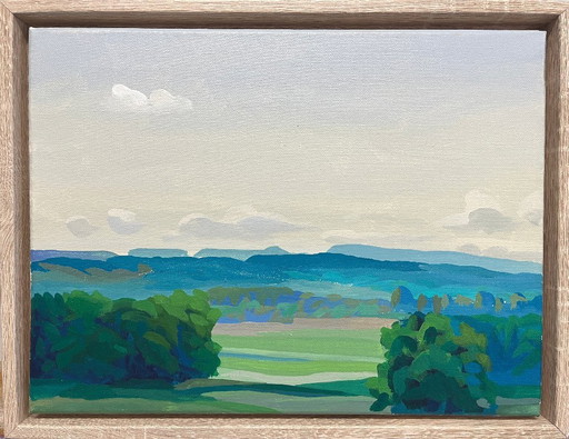 Paesaggio estivo, colori acrilici su tela, dipinto originale con cornice, 43 x 33 cm