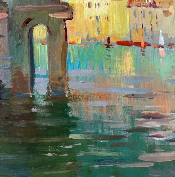 Image 1 of Original Oil Painting Summer City Landscape Bells over the river
