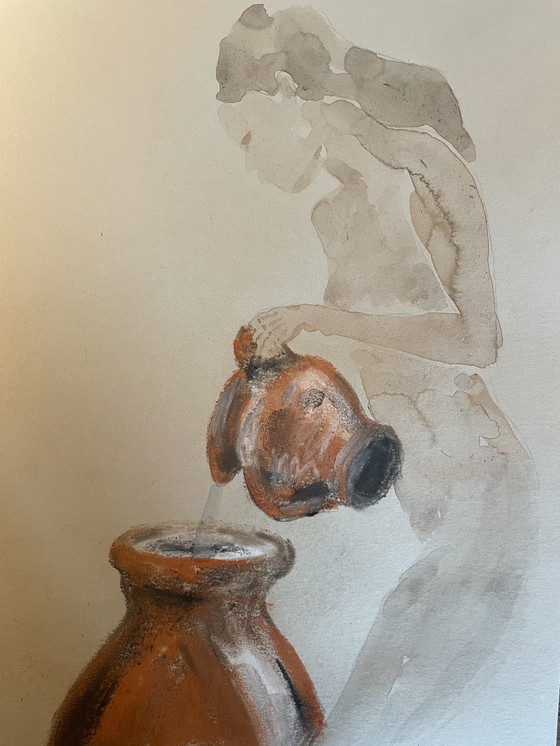 Image 1 of Ritratto di donna e natura morta in stile orientalista con acquerello pastello