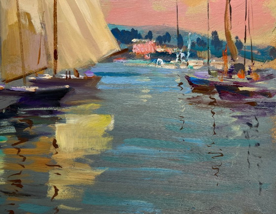 Image 1 of Original Oil Painting Evening Coastal Landscape Scarlet Sunset on the Ferry