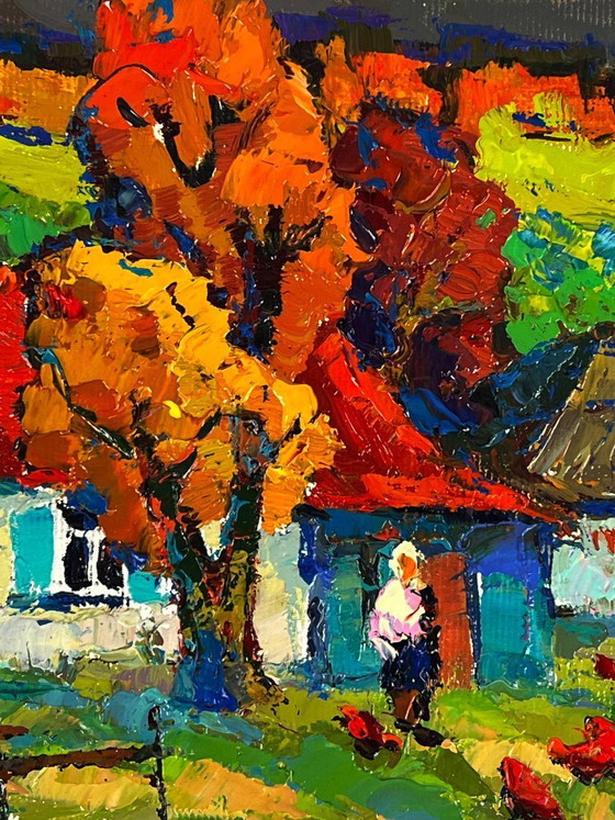 Image 1 of Original Oil Painting Countryside Landscape House Crimson Autumn in the Village