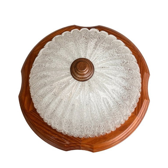 Image 1 of Italienische Deckenleuchte aus den 1970er Jahren | Eisglas und Holz | Mid-Century Modern