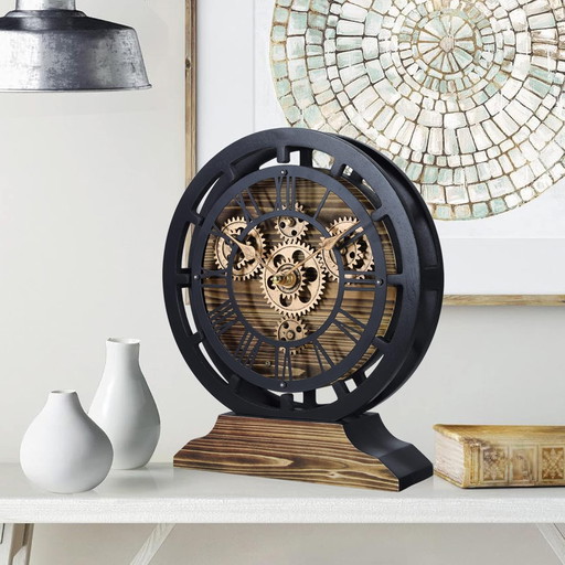 Lafocuse 10 Inch Real Moving Gears Wall Clock with a Detachable Base, 2 in 1 Black Chimney Clocks Wooden Vintage, Farmhouse