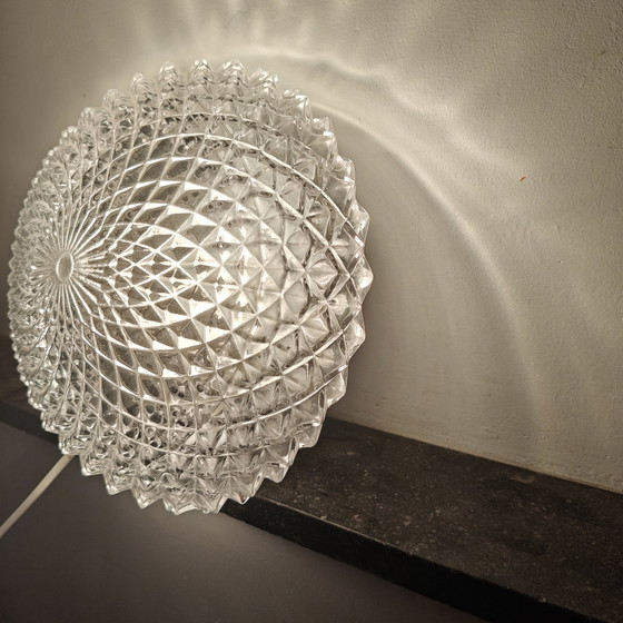 Image 1 of Vintage Diamond Cut Glass Ceiling Light | Mid Century Flush Mount | Space Age Style | 26 cm