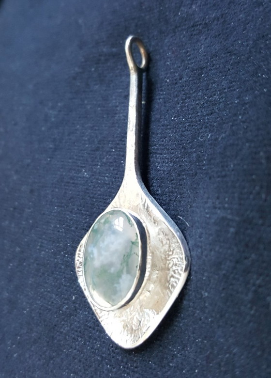 Image 1 of Sieraad, hanger, zilver, grijsgroene agaat, jaren '60