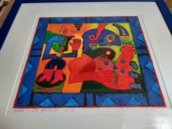 Image 1 of Clemens Briels. Zeefdruk, Titel  is "pantine y alerg perdundo". 