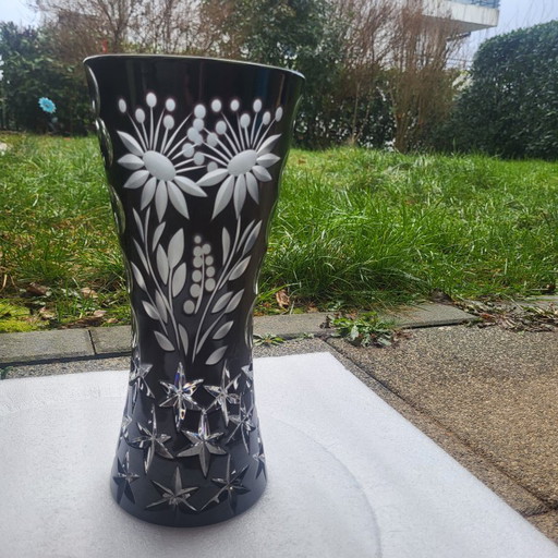 Large black crystal vase, signed Bruno Lehrer, Lorraine, France