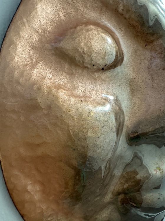 Image 1 of 1960s repoussé and enameled brass face sculpture