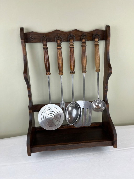 Vintage Wooden Kitchen Shelf with Utensils