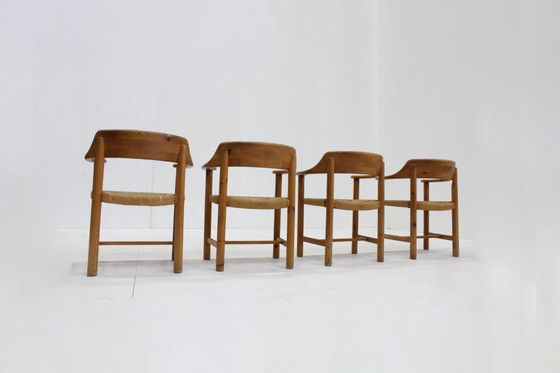 Image 1 of Set Vintage dining table and dining chairs pine wood papercord