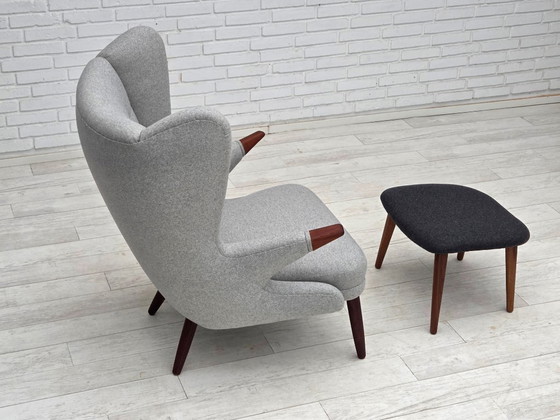 Image 1 of 1960er Jahre, dänischer „Teddy-Stuhl“ mit Hocker, neu gepolstert, Wolle, Teakholz.